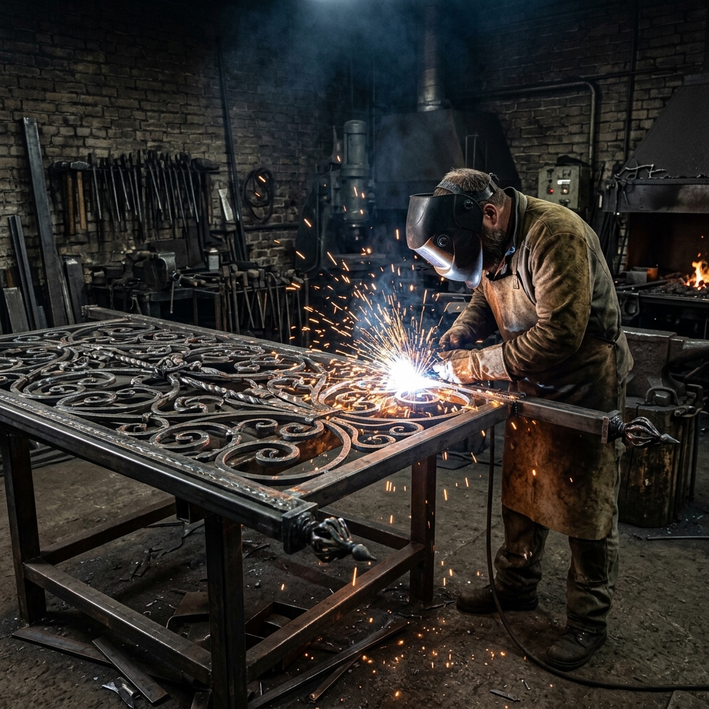 Certified welder performing precision welding on custom steel gate frame