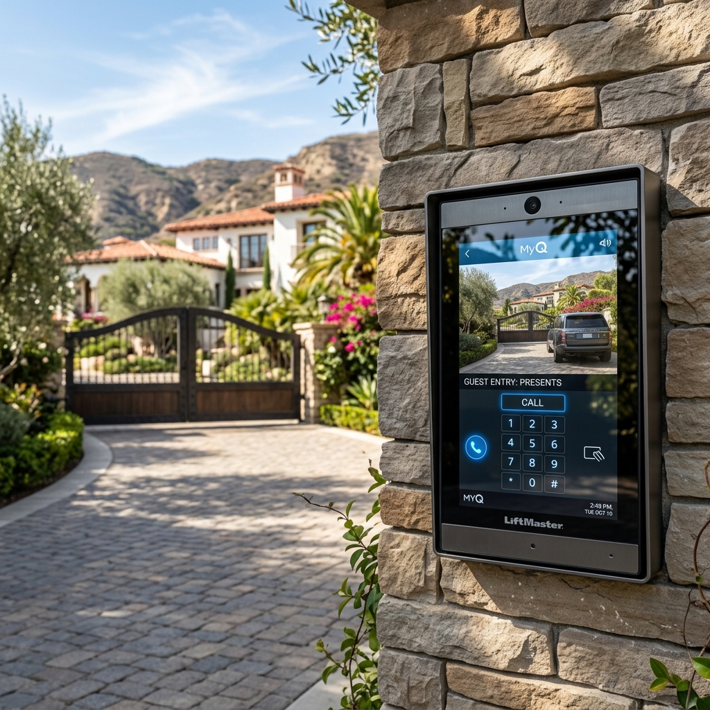 Modern smartphone-connected video intercom entry system mounted on stone column