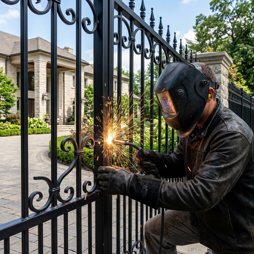 Certified welder fabricating and welding structural joints on black wrought iron security fence