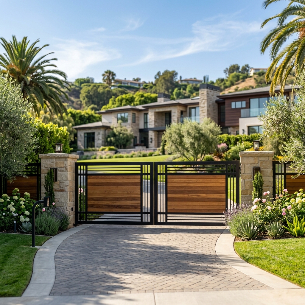 Custom fabricated double swing wrought iron driveway gates at estate entryway