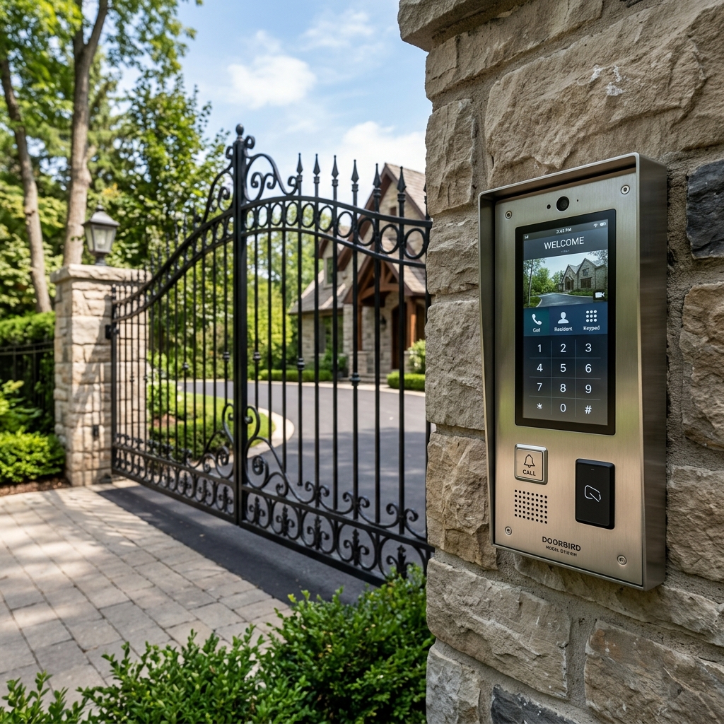 Modern smart keypad gate intercom system installed on a stone pillar