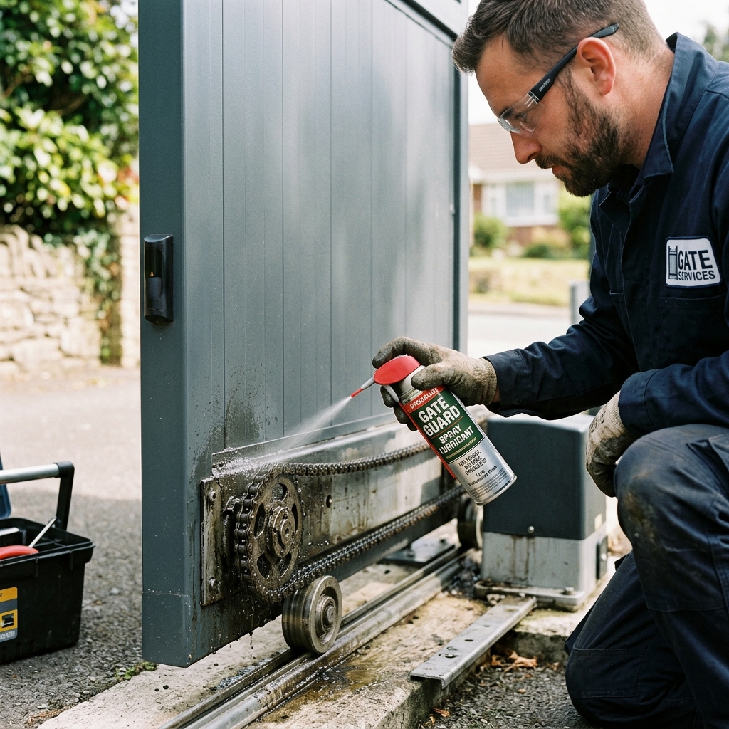 Close-up of technician applying protective dry lubricant to sliding gate chain drive