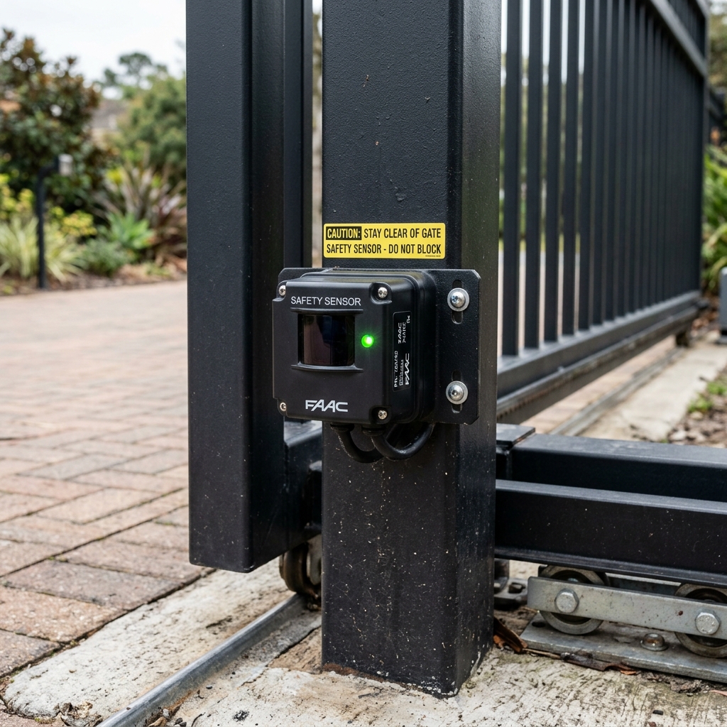 Safety reversing photo eye sensor installed on gate guide post
